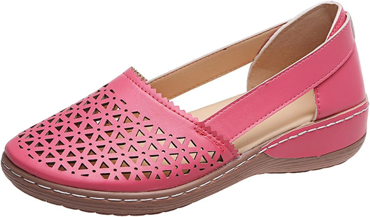 Women's Leather Baotou Hollow Wedge Sandals Summer Round Closed Toe Low Heel Sandals Comfortable Breathable Elastic Sandals