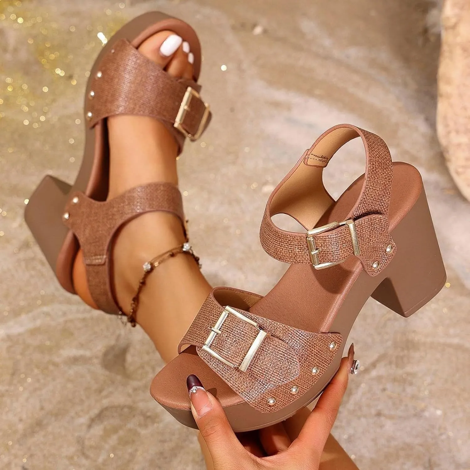 Women's Low Block Chunky Heels Sandals Comfortable Open Toe Adjustable Party Dress Pump Shoes Fashion Comfort Ankle Buckle Heeled Sandal