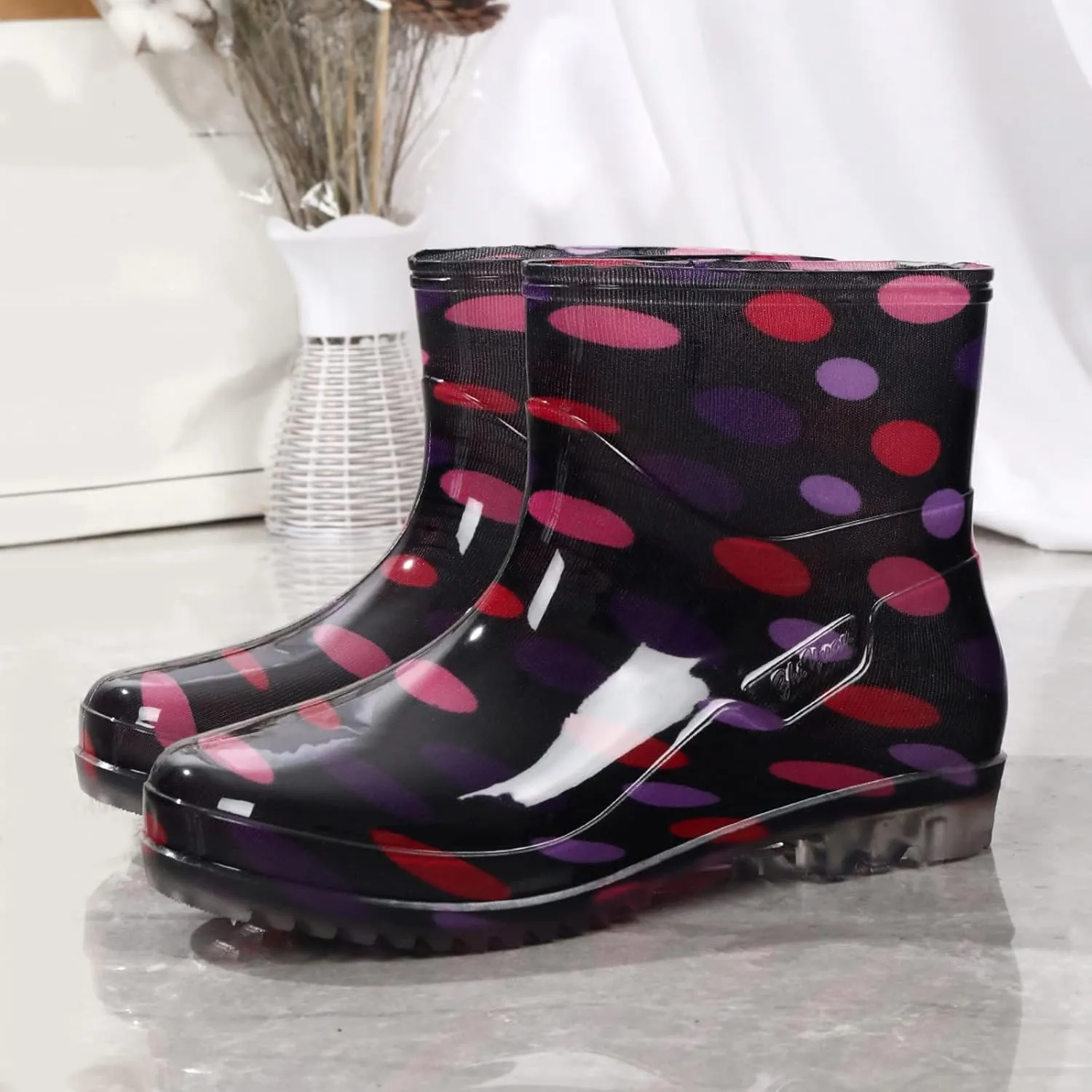 Women's Short Rain Boots Waterproof Slip On Ankle Chelsea Booties Cute Printed Rubber Outdoor Garden Shoes Rain Shoes