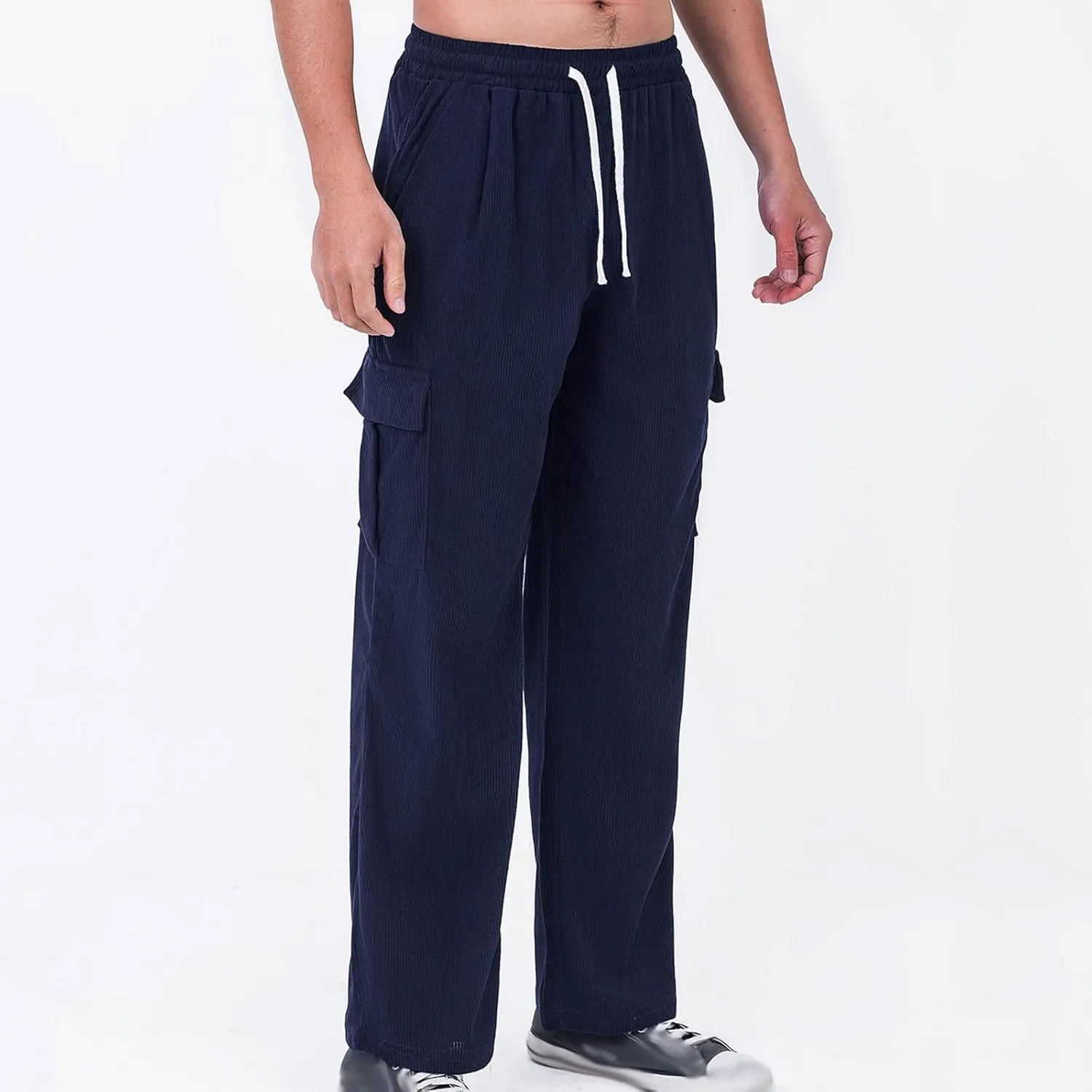 Xiaojmake Men's Baggy Corduroy Cargo Pants Wide Leg Loose Fit Sweatpants Elastic Waist Drawstring Open Bottom Casual Pants