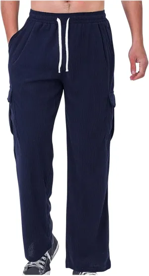Xiaojmake Men's Baggy Corduroy Cargo Pants Wide Leg Loose Fit Sweatpants Elastic Waist Drawstring Open Bottom Casual Pants