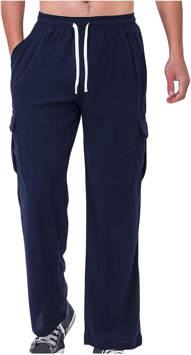Xiaojmake Men's Baggy Corduroy Cargo Pants Wide Leg Loose Fit Sweatpants Elastic Waist Drawstring Open Bottom Casual Pants
