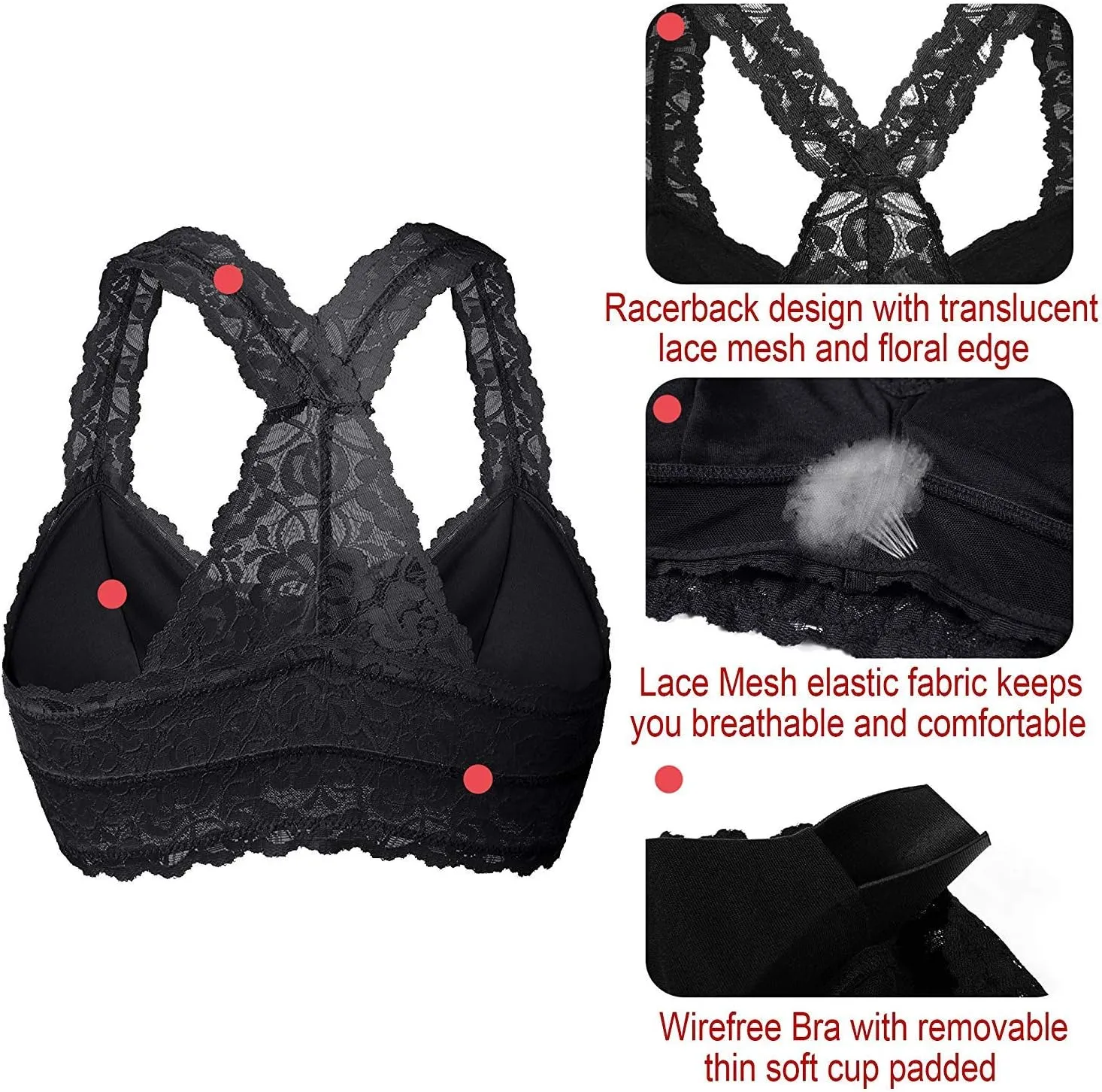 YIANNA Women Floral Lace Bralette Padded Breathable Sexy Racerback Lace Bra