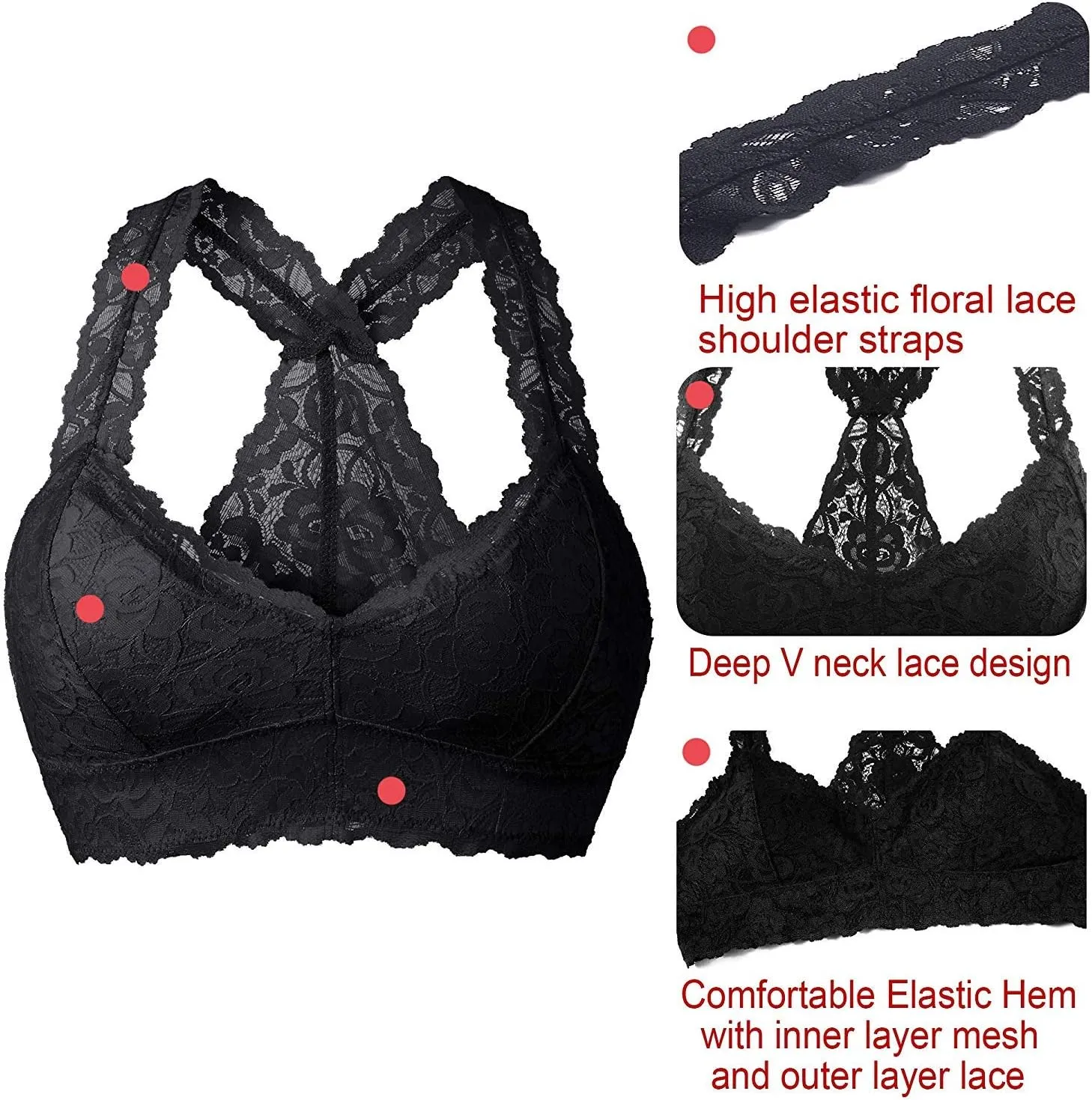 YIANNA Women Floral Lace Bralette Padded Breathable Sexy Racerback Lace Bra