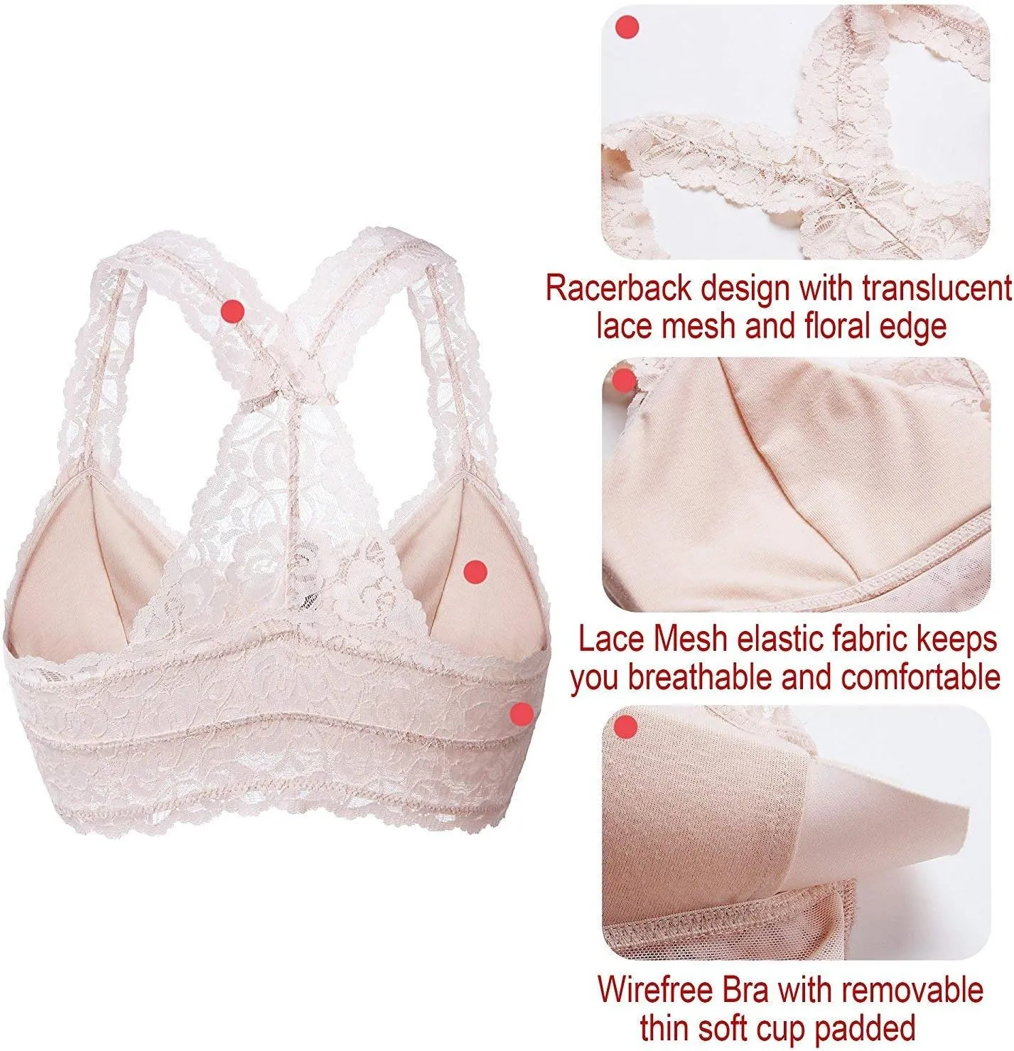 YIANNA Women Floral Lace Bralette Padded Breathable Sexy Racerback Lace Bra