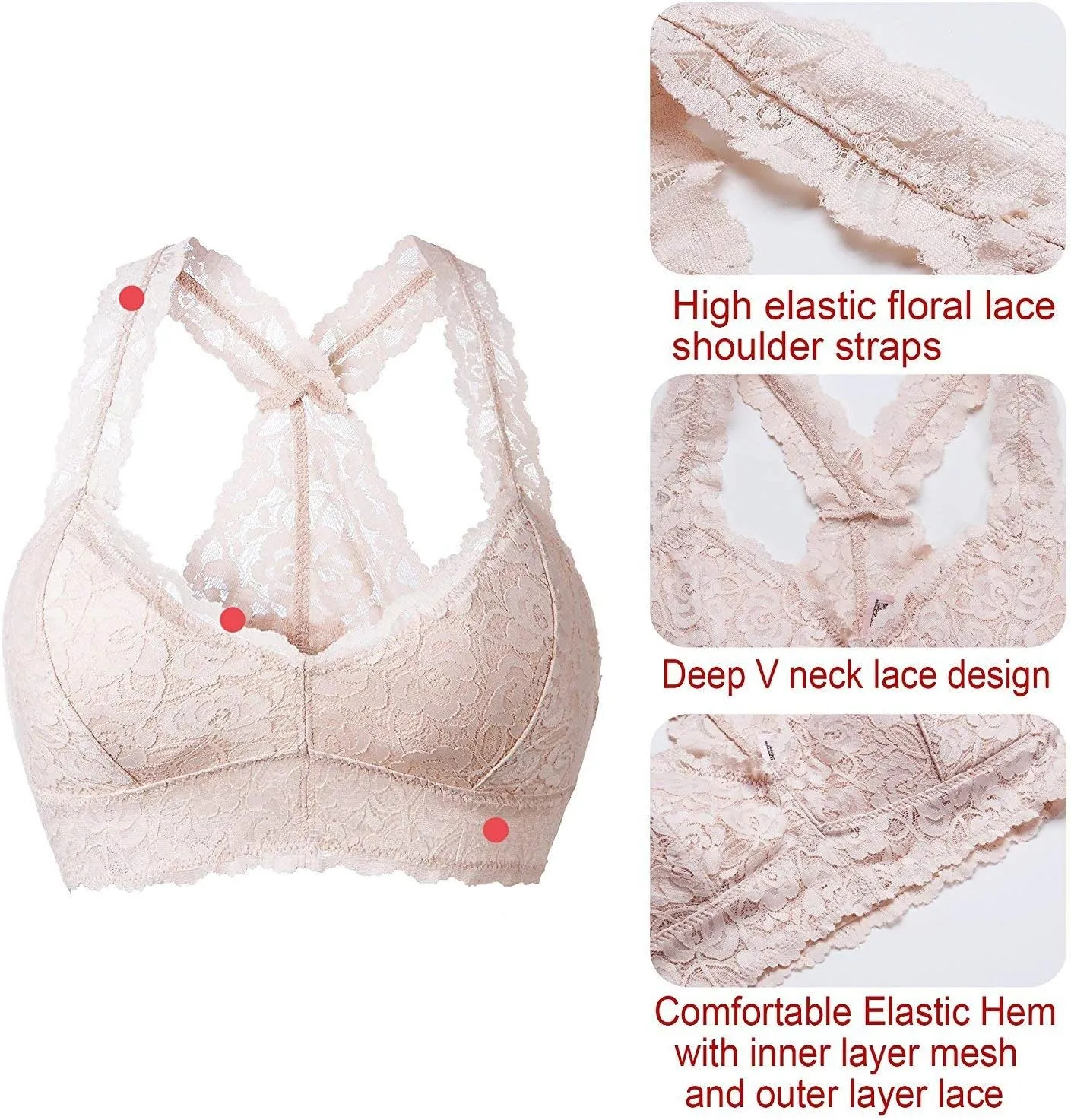 YIANNA Women Floral Lace Bralette Padded Breathable Sexy Racerback Lace Bra
