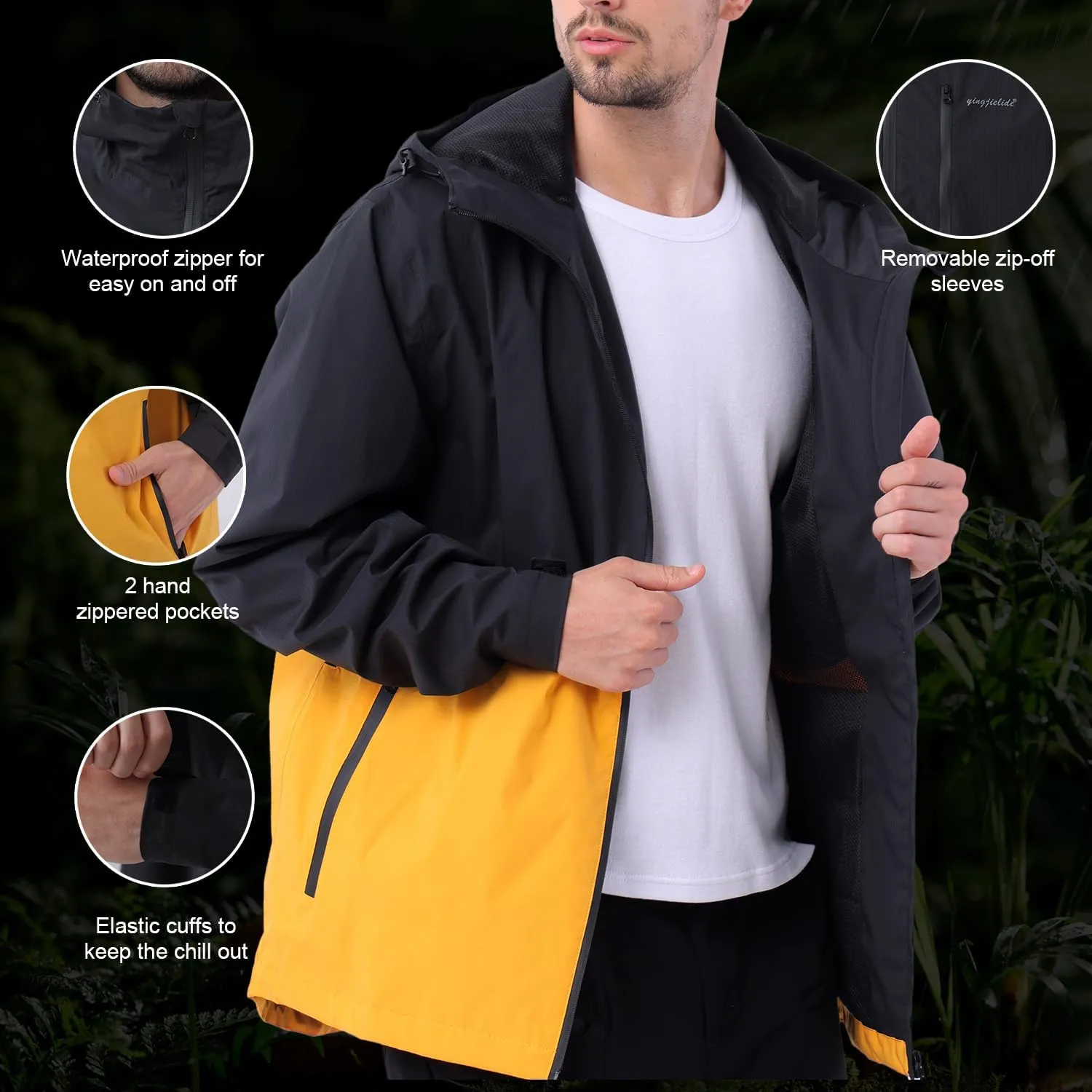 YINGJIELIDE Men's Waterproof Hooded Rain Jacket,Breathable Windbreaker Windproof Insulated Coat,Shell Hoodie Ski Sailing