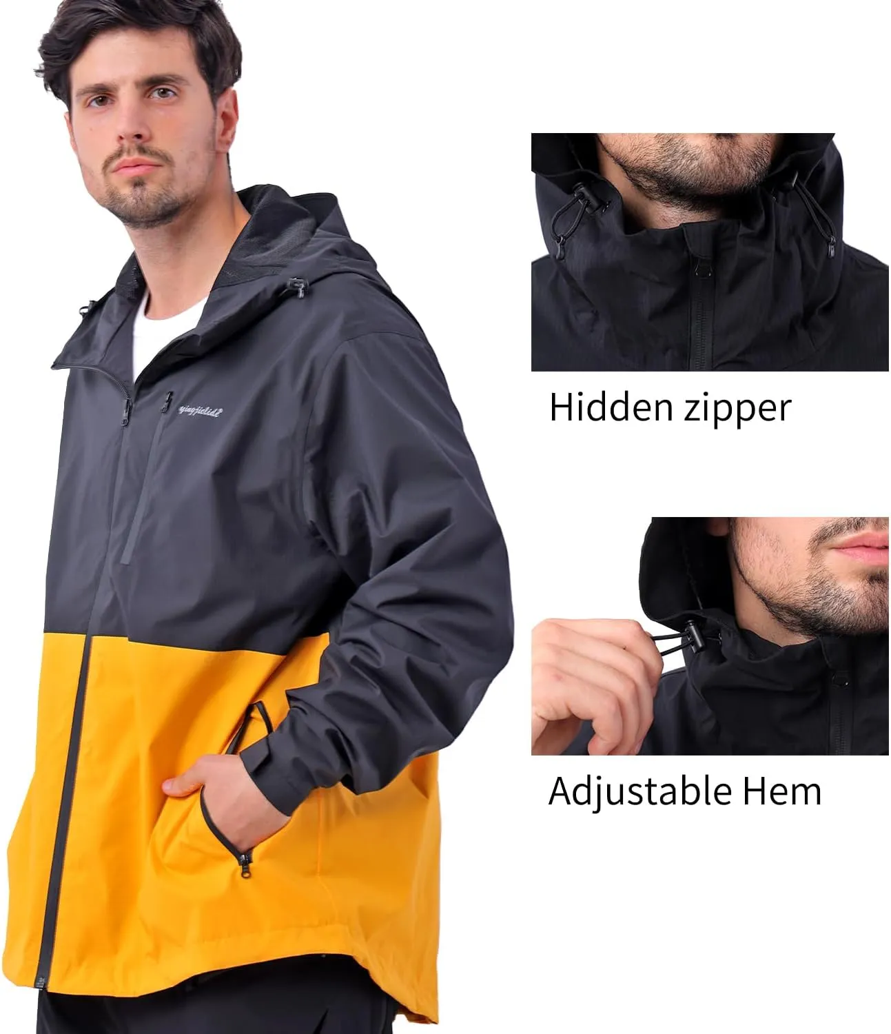 YINGJIELIDE Men's Waterproof Hooded Rain Jacket,Breathable Windbreaker Windproof Insulated Coat,Shell Hoodie Ski Sailing