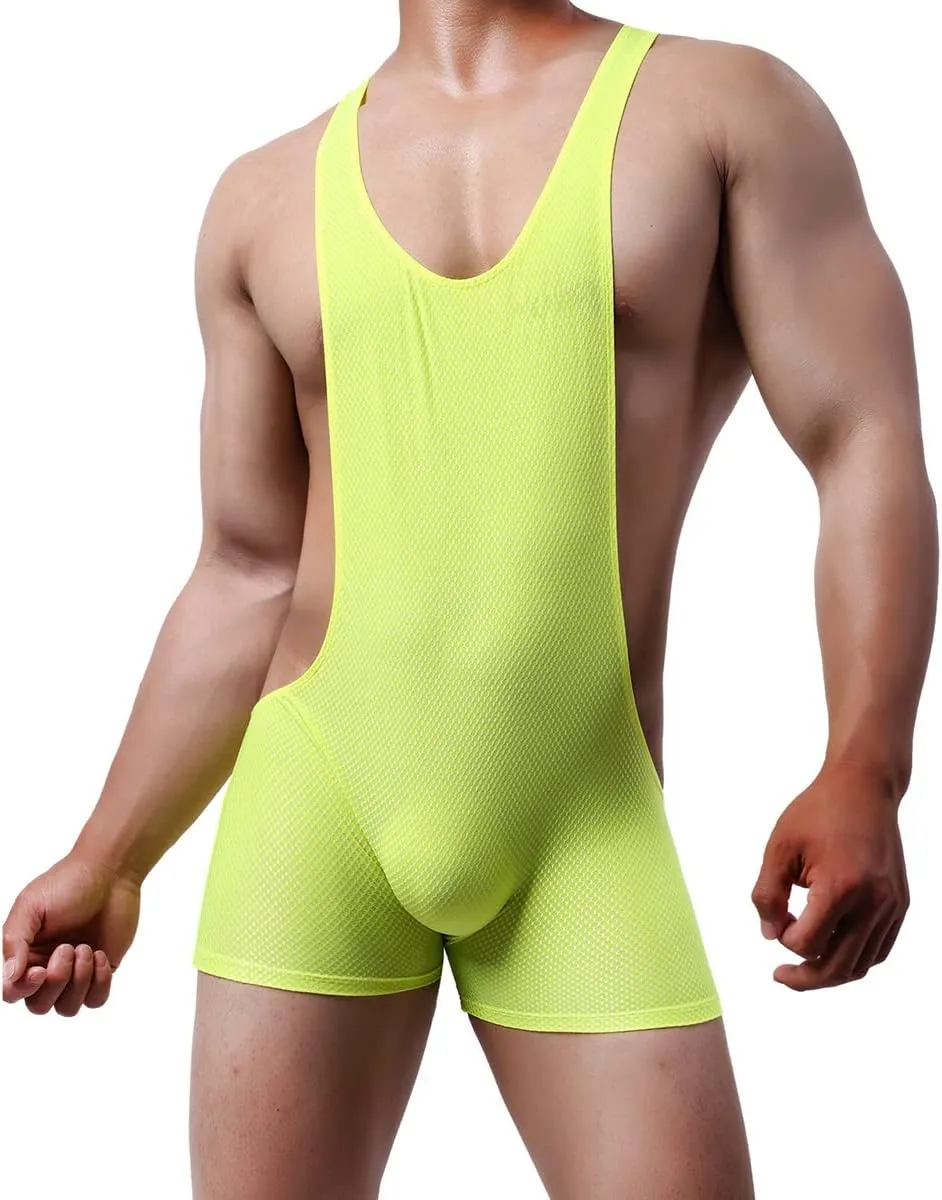 YUFEIDA Men's Athletic Supporters Mesh Breathable Bodysuit Wrestling Leotard Stretchy Base Layers Boxer Singlet