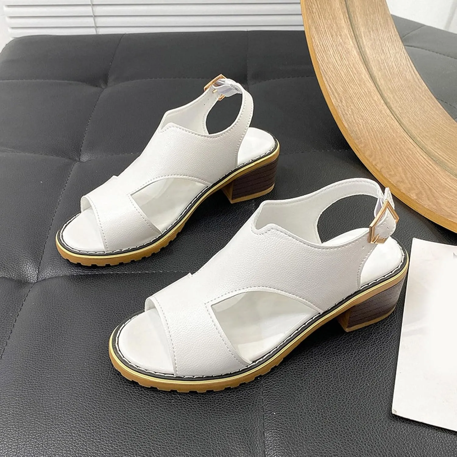 ZSpzx 2025 Women's Chunky Heels Sandals Peep Toe Cutout Strappy Slingback Comfortable Fashion Sandal Ladies Faux Leather Casual Summer Dressy Orthopedic Shoes for Wedding Party Walking