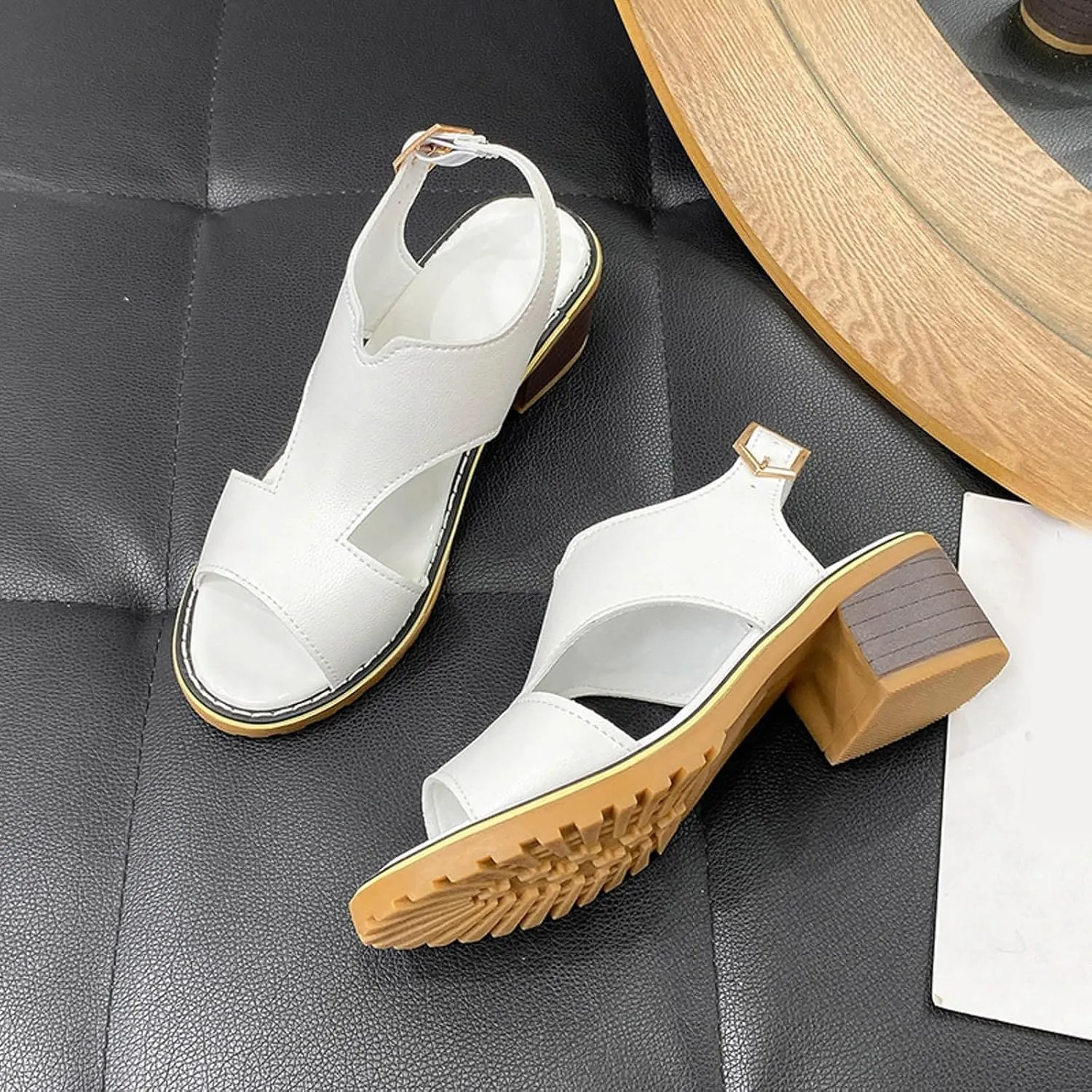 ZSpzx 2025 Women's Chunky Heels Sandals Peep Toe Cutout Strappy Slingback Comfortable Fashion Sandal Ladies Faux Leather Casual Summer Dressy Orthopedic Shoes for Wedding Party Walking