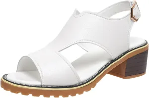 ZSpzx 2025 Women's Chunky Heels Sandals Peep Toe Cutout Strappy Slingback Comfortable Fashion Sandal Ladies Faux Leather Casual Summer Dressy Orthopedic Shoes for Wedding Party Walking