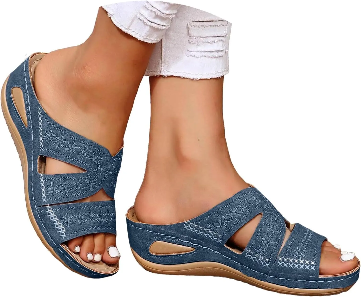 ZSpzx Orthopedic Sandals For Women 2025,Hollow Out Wedge Sandals Dressy Summer Comfortable Open Toe Slippers Flat Casual Boho Slip on Beach Outdoor Walking Shoes Sandalias OrtopDicas Para Mujer