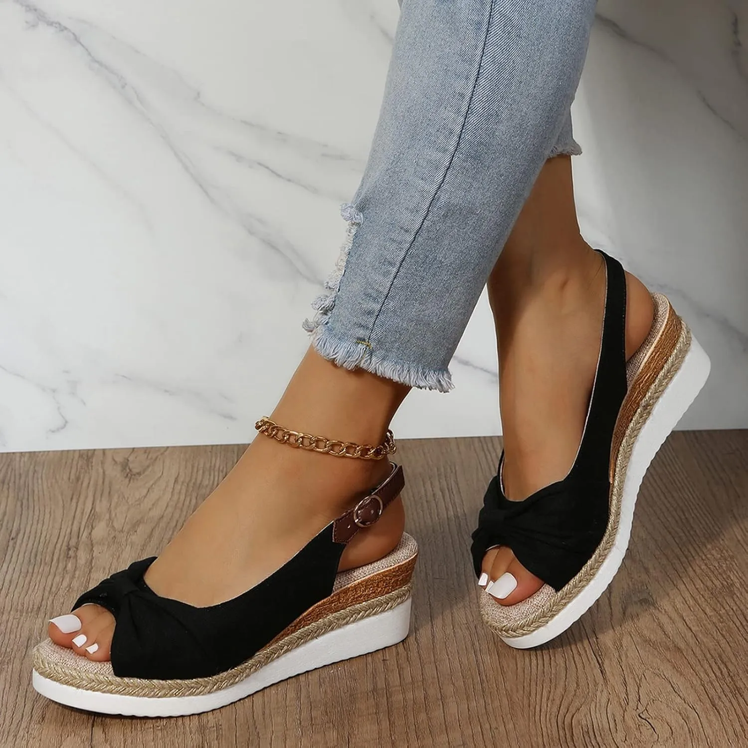 ZSpzx Orthopedic Sandals for Women,2025 Womens Espadrilles Wedge Sandal Comfortable Dressy Summer Open Toe Ankle Strap Platform Slip on Bow Knot Outdoor Shoes for Daily Wear