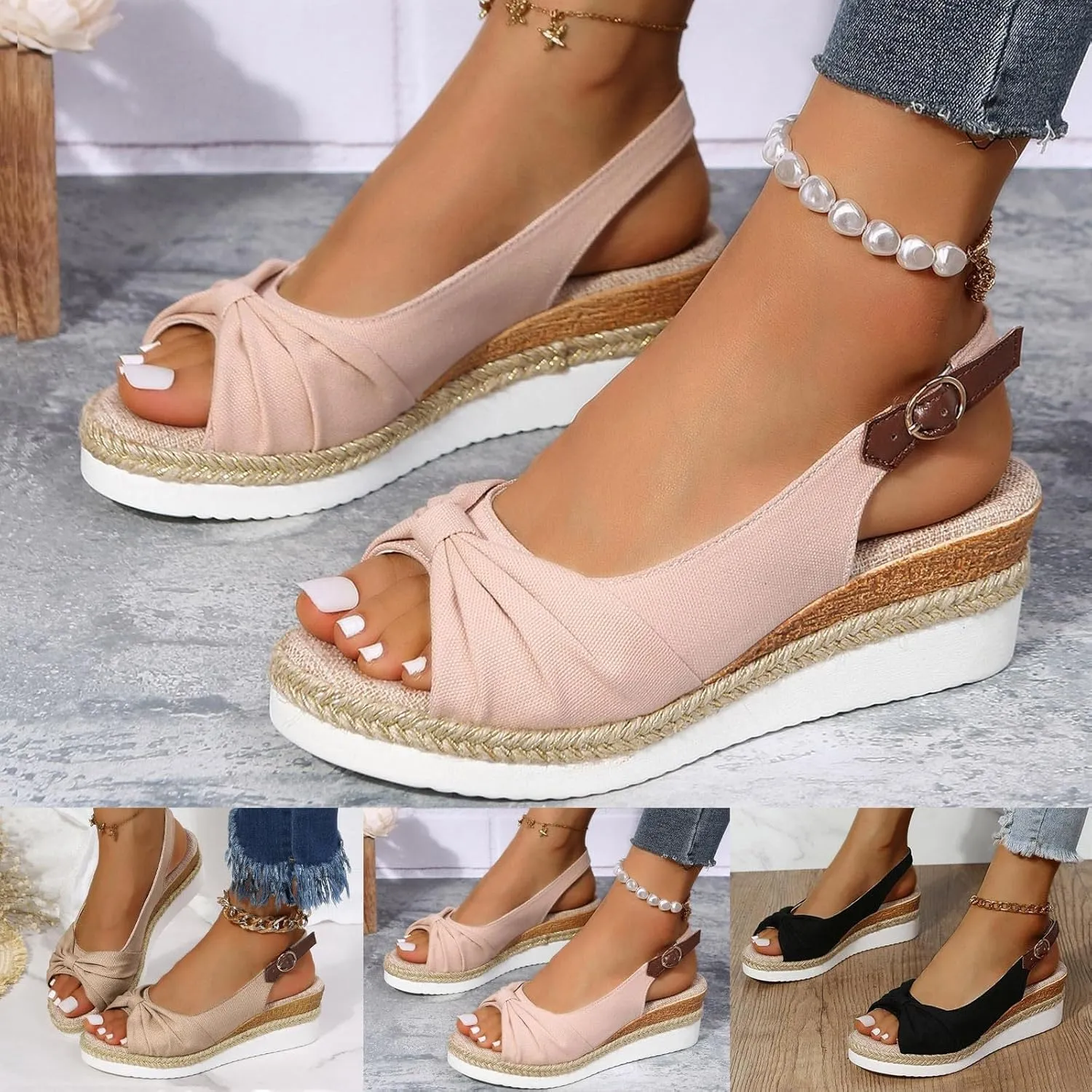 ZSpzx Orthopedic Sandals for Women,2025 Womens Espadrilles Wedge Sandal Comfortable Dressy Summer Open Toe Ankle Strap Platform Slip on Bow Knot Outdoor Shoes for Daily Wear