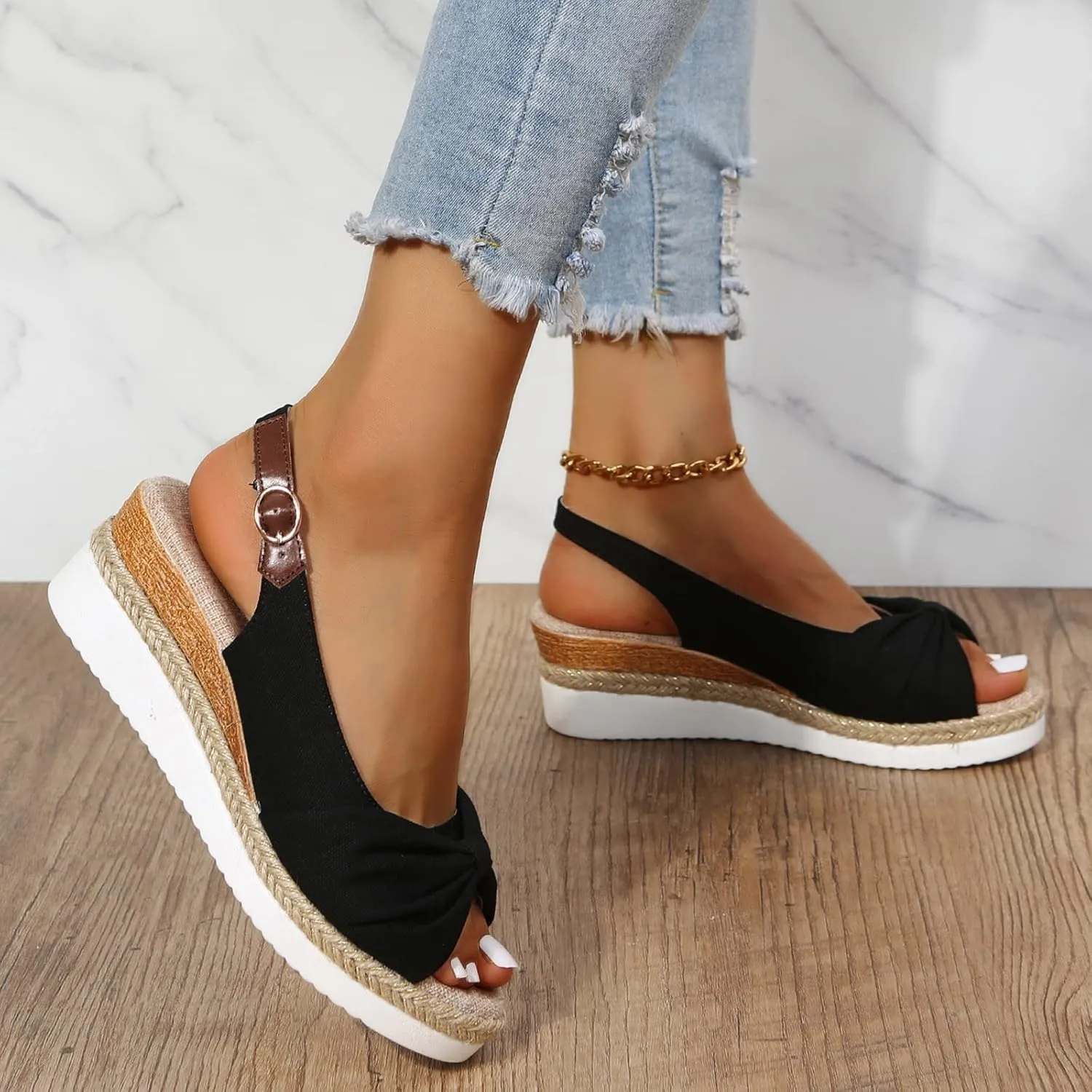 ZSpzx Orthopedic Sandals for Women,2025 Womens Espadrilles Wedge Sandal Comfortable Dressy Summer Open Toe Ankle Strap Platform Slip on Bow Knot Outdoor Shoes for Daily Wear