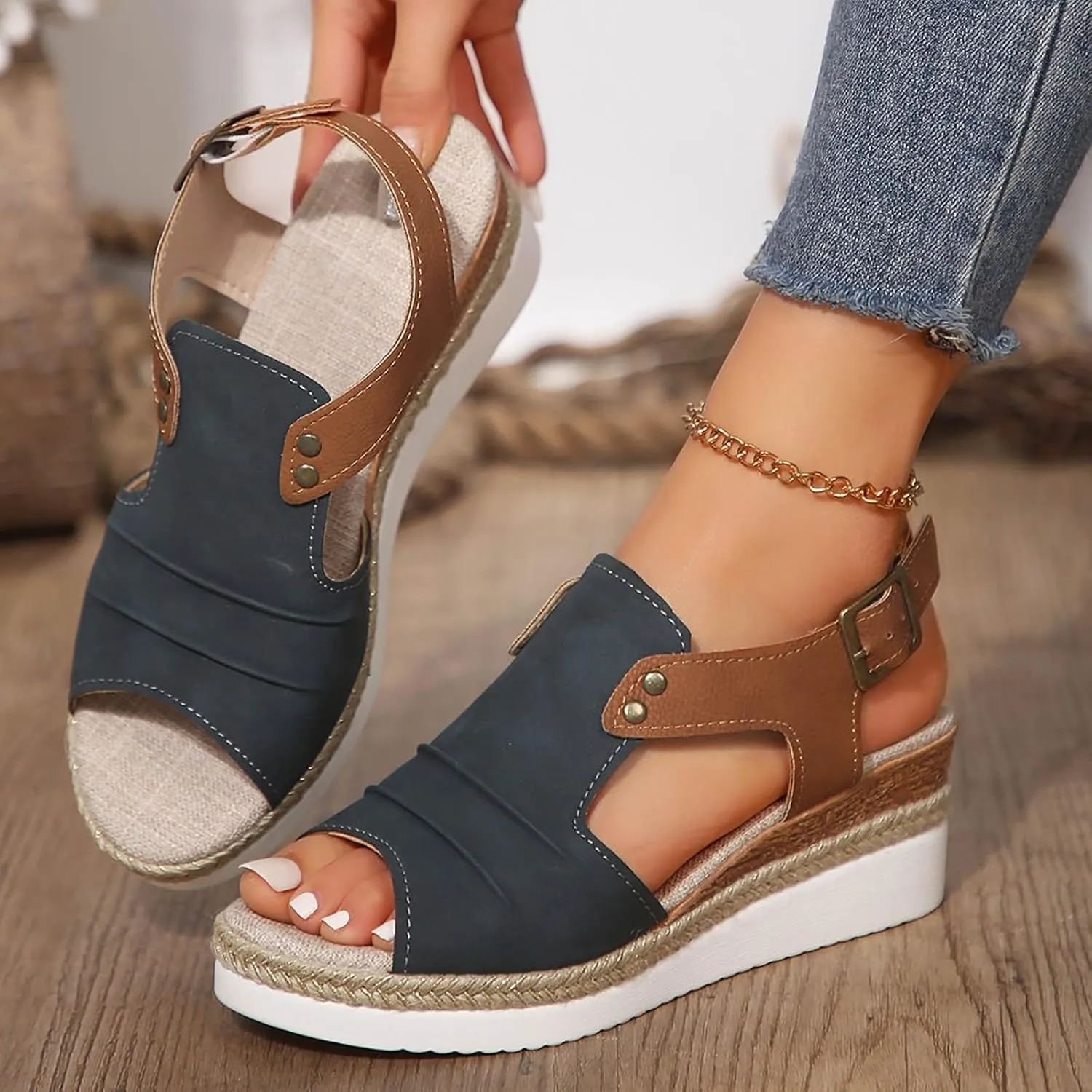 ZSpzx Women Wedge Sandals 2025,Breathable Comfortable Ladies Dress Arch Support Height Increase Peep Toe Walking Footwear Summer Indoor/Outdoor Fashion Soft Cushion Daily Wear Casual Shoe Ankle Strap