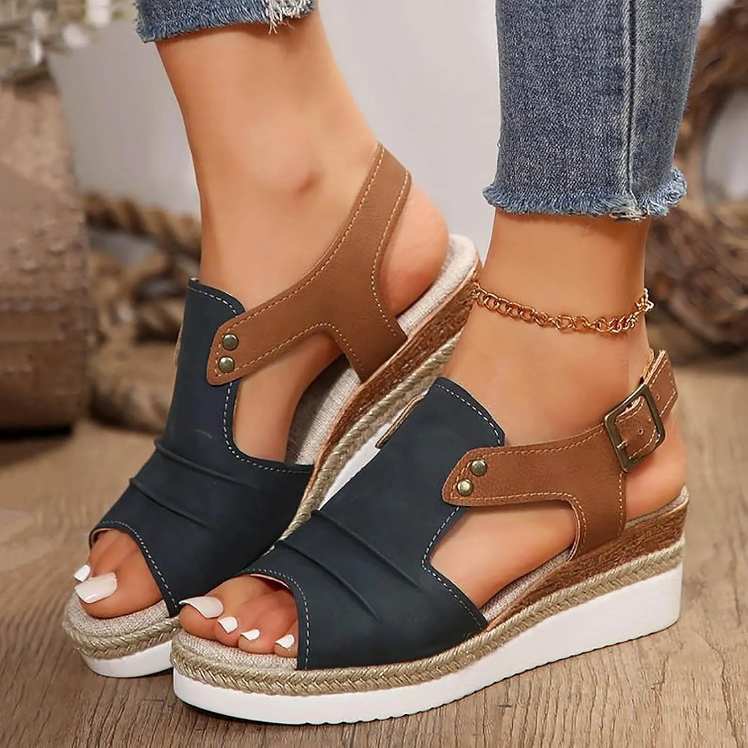 ZSpzx Women Wedge Sandals 2025,Breathable Comfortable Ladies Dress Arch Support Height Increase Peep Toe Walking Footwear Summer Indoor/Outdoor Fashion Soft Cushion Daily Wear Casual Shoe Ankle Strap