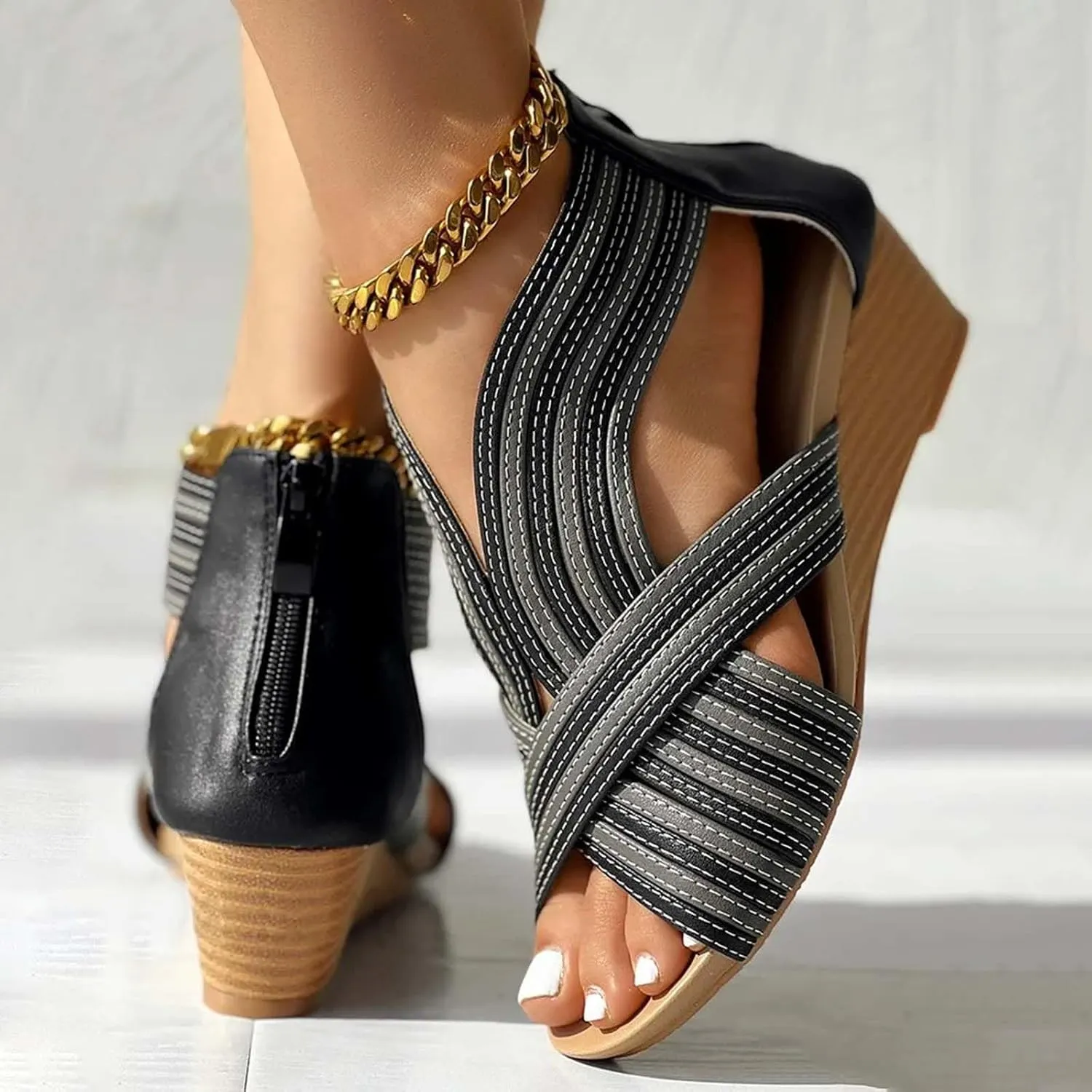 ZSpzx Women's Wedge Heel Sandals Summer Fashion Lady Dress Peep Toe Casual Shoe Breathable Non-Slip Beach Vacation Slippers Indoor/Outdoor Slip-On Walking Footwear Daily Wear Comfortable