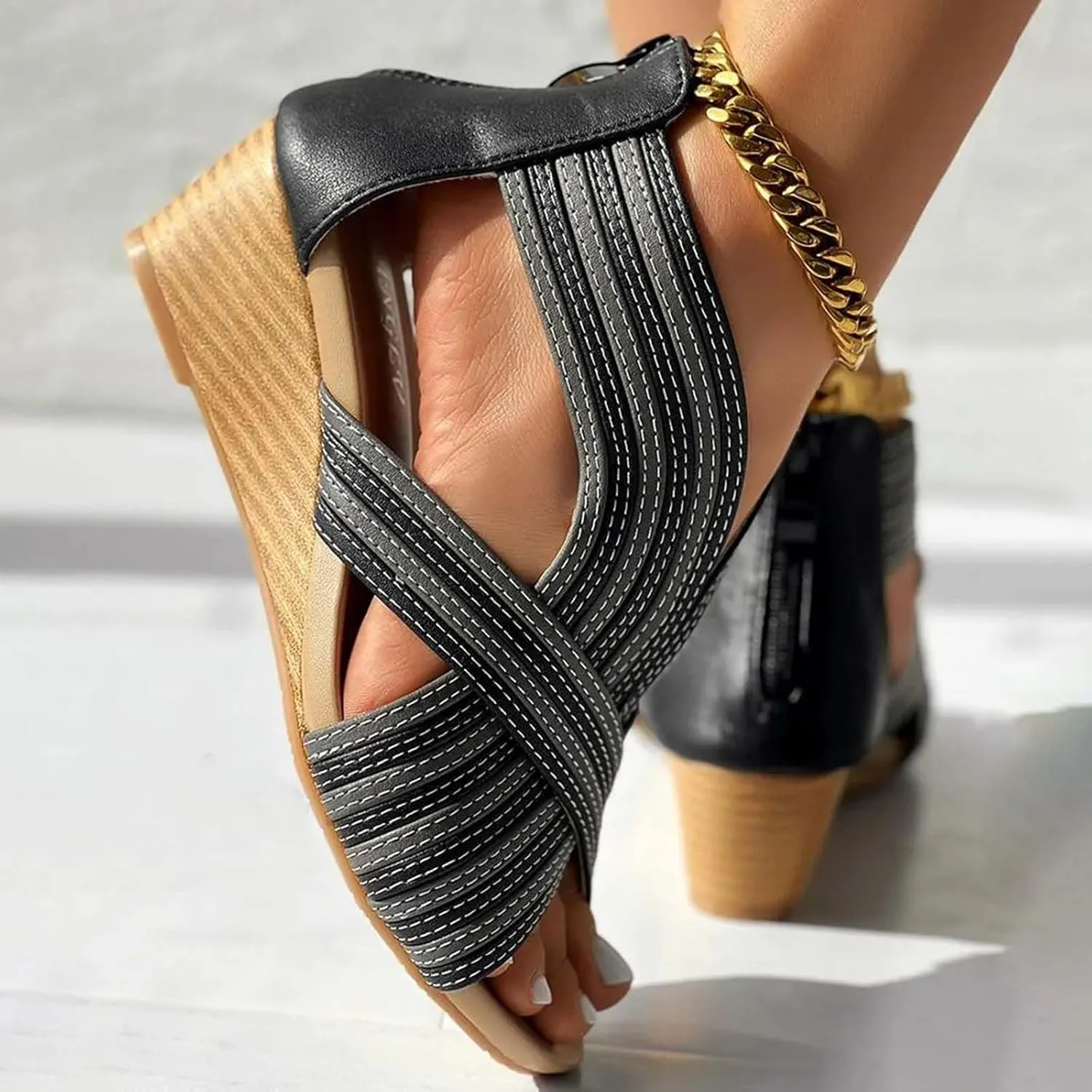ZSpzx Women's Wedge Heel Sandals Summer Fashion Lady Dress Peep Toe Casual Shoe Breathable Non-Slip Beach Vacation Slippers Indoor/Outdoor Slip-On Walking Footwear Daily Wear Comfortable
