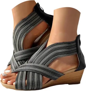 ZSpzx Women's Wedge Heel Sandals Summer Fashion Lady Dress Peep Toe Casual Shoe Breathable Non-Slip Beach Vacation Slippers Indoor/Outdoor Slip-On Walking Footwear Daily Wear Comfortable
