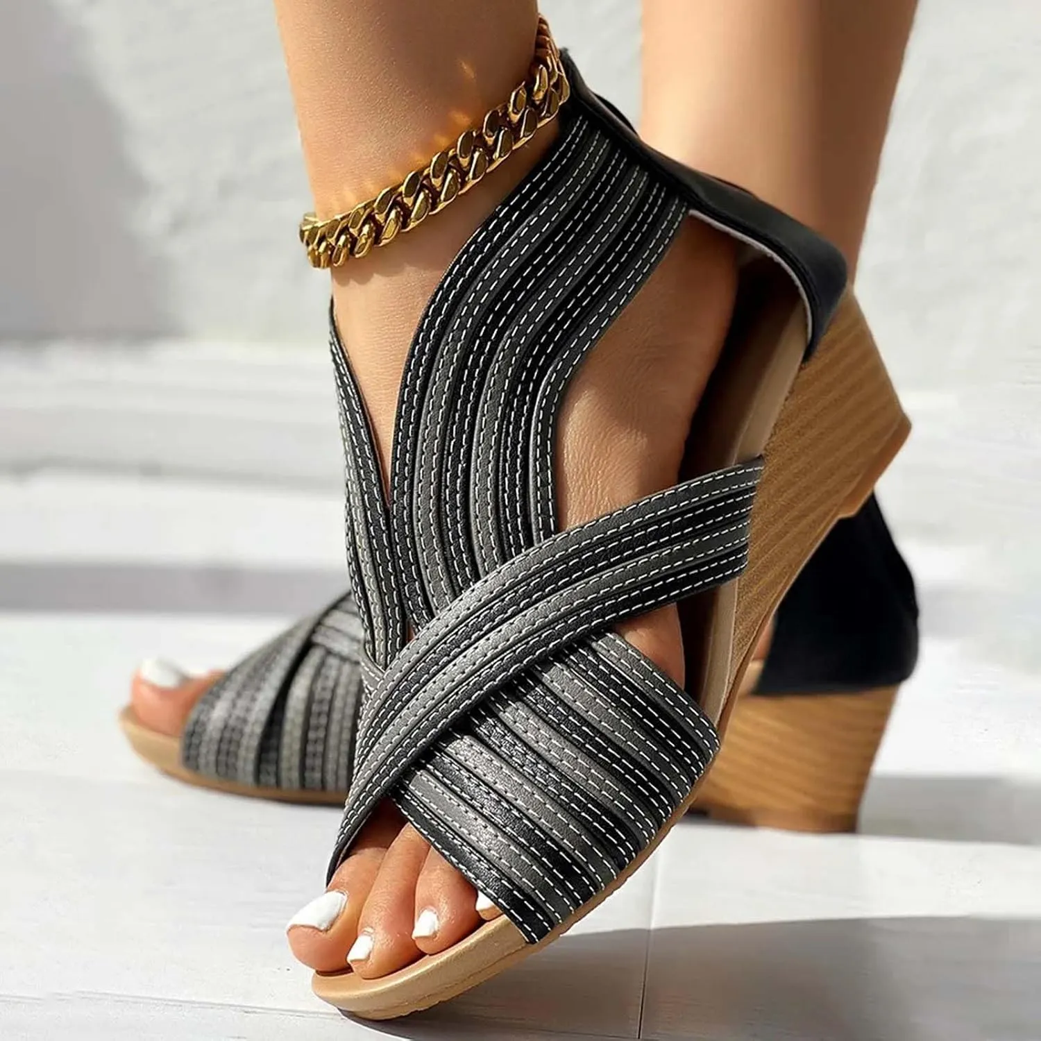 ZSpzx Women's Wedge Heel Sandals Summer Fashion Lady Dress Peep Toe Casual Shoe Breathable Non-Slip Beach Vacation Slippers Indoor/Outdoor Slip-On Walking Footwear Daily Wear Comfortable